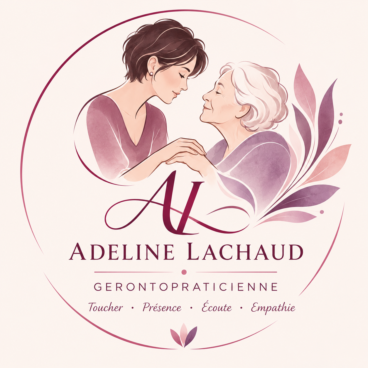 Logo officiel Adeline Lachaud — gérontopraticienne, toucher, présence, écoute, empathie.